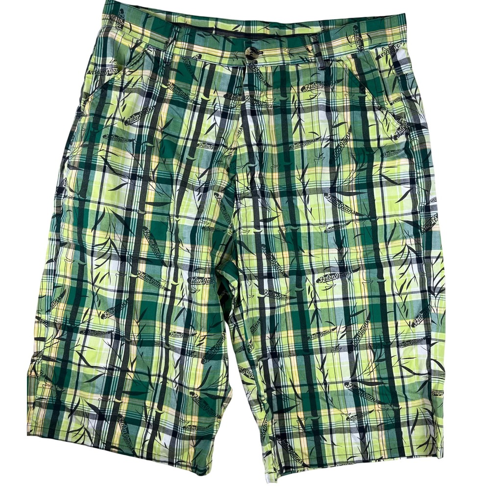 FUBU The Collection Mens Green Plaid Bamboo Logo Shorts Sz 40 Vintage Y2K HipHop
